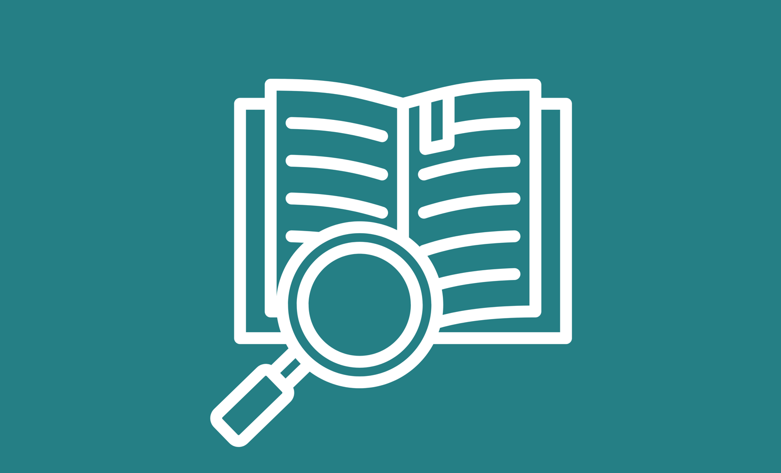 icon of an open book with a magnifying glass against a teal background