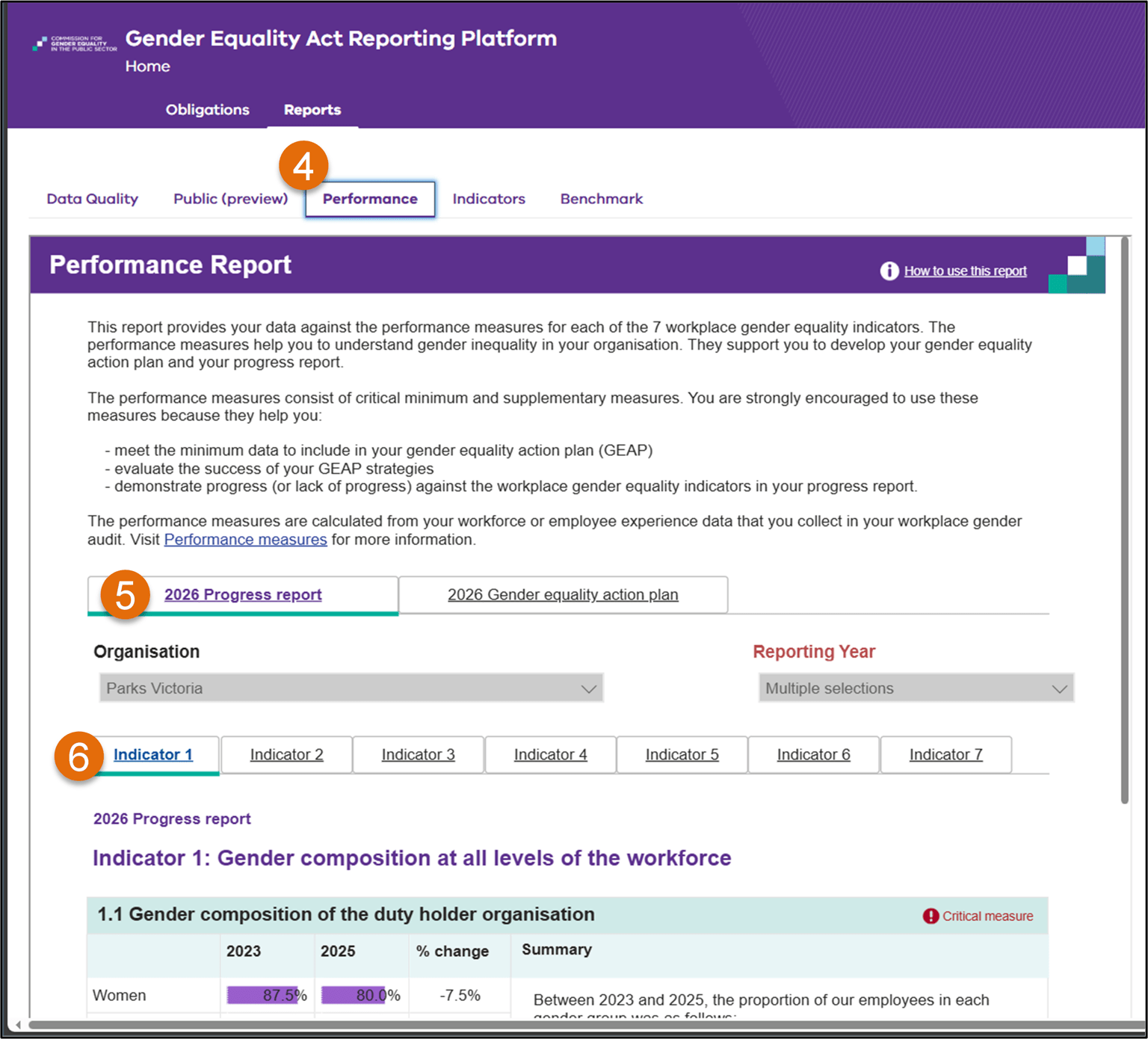 Navigating the performance report on the reporting platform.