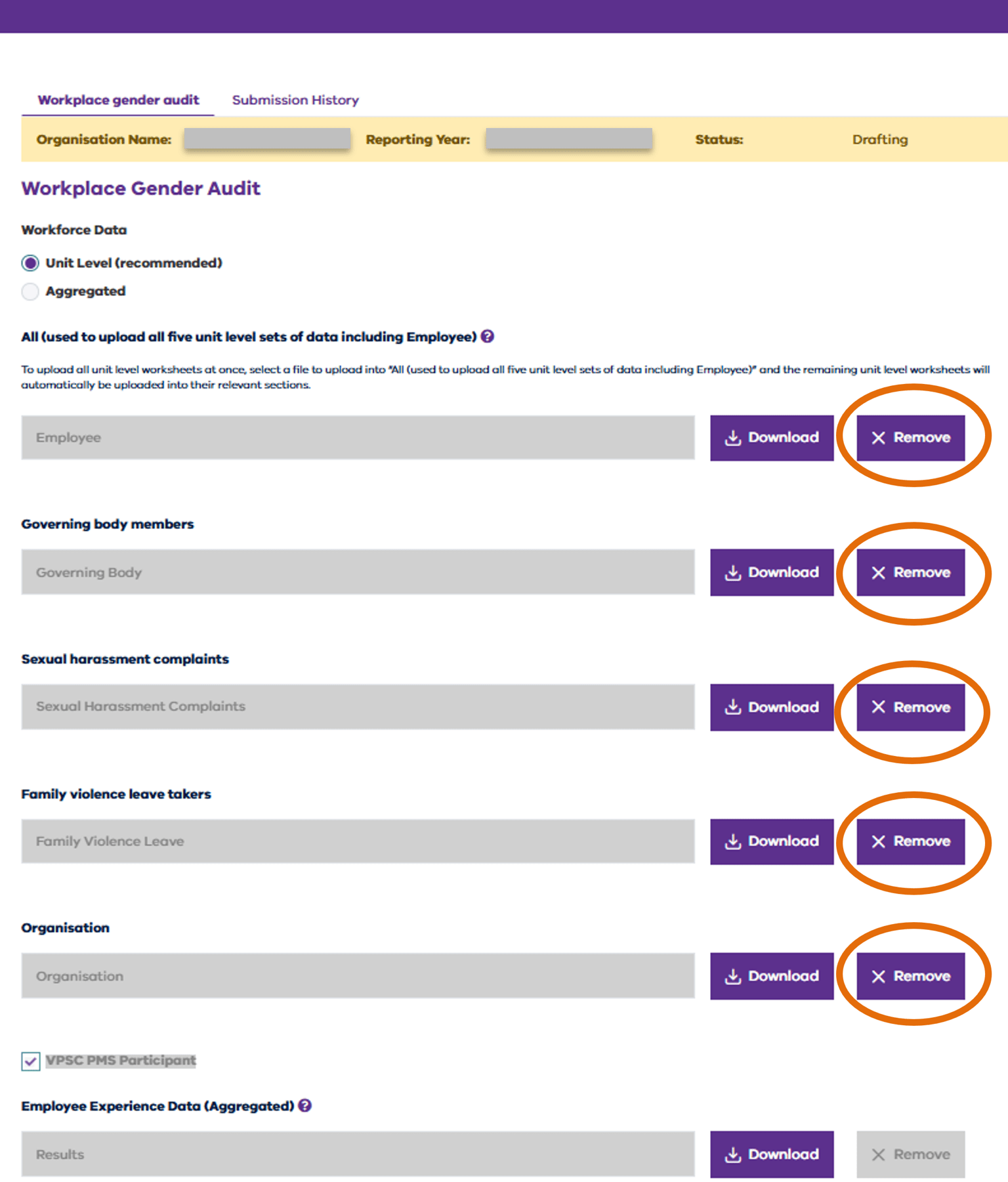 The 5 data sets and the Remove button on each one that must be removed  before obligation is uploaded again.