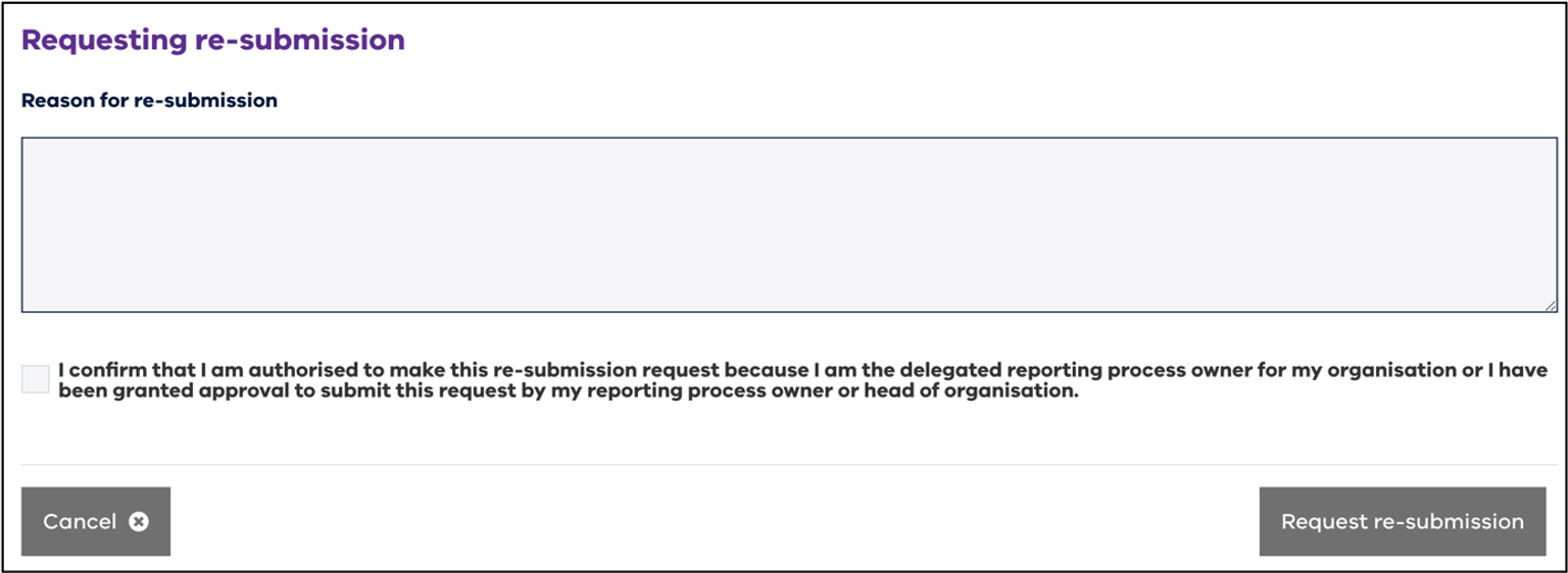 The resubmission request form in the reporting platform.