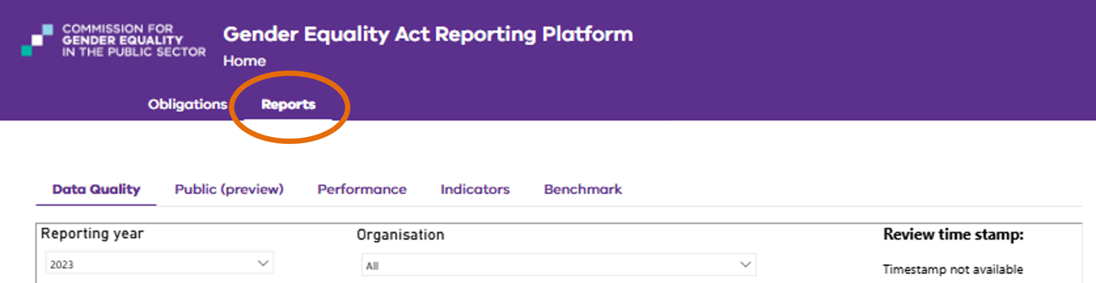 The reporting platform screen showing location of the Reports tab.