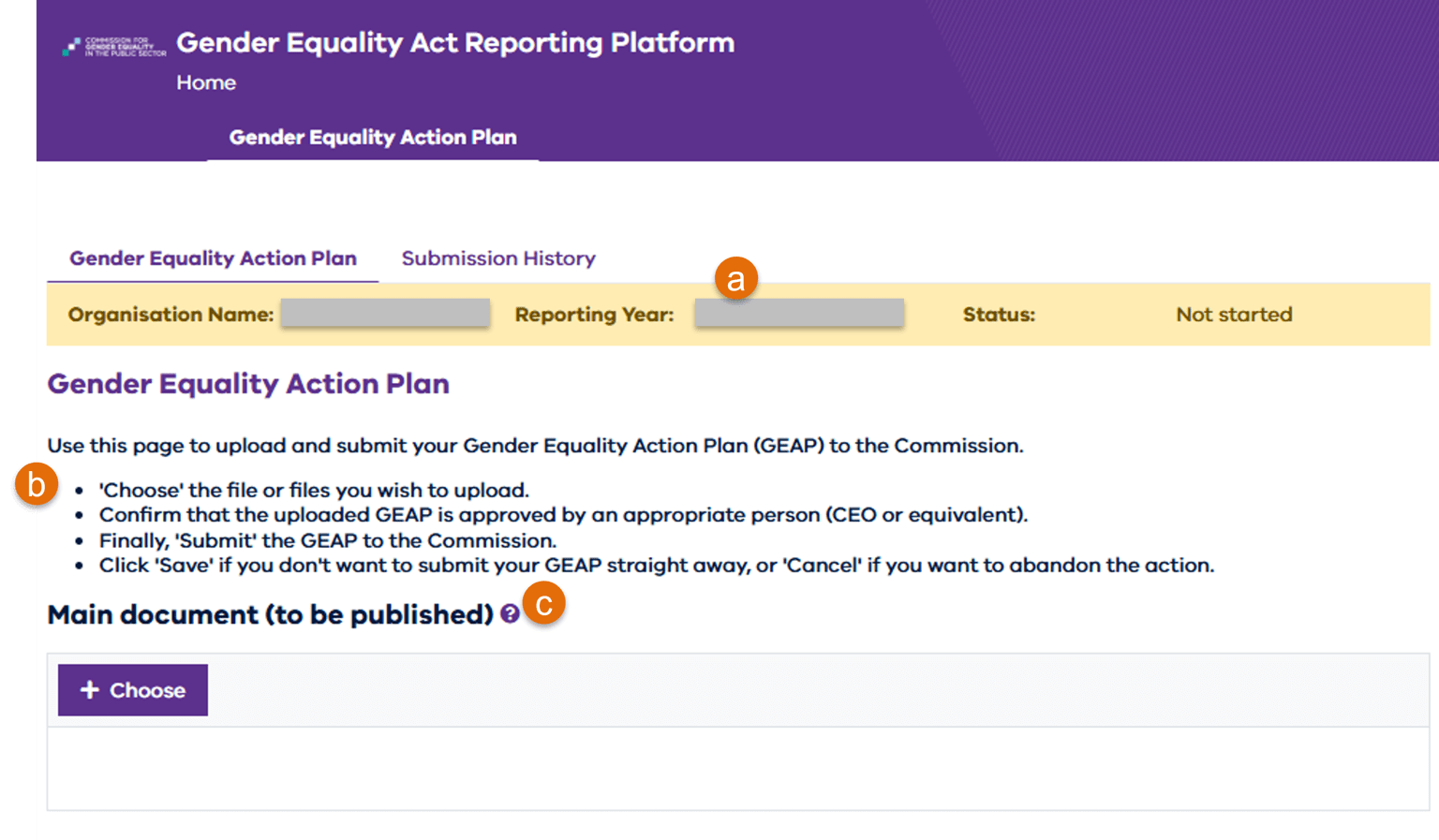 Reporting platform screenshot showing locations of the dot point items discussed in the above section.