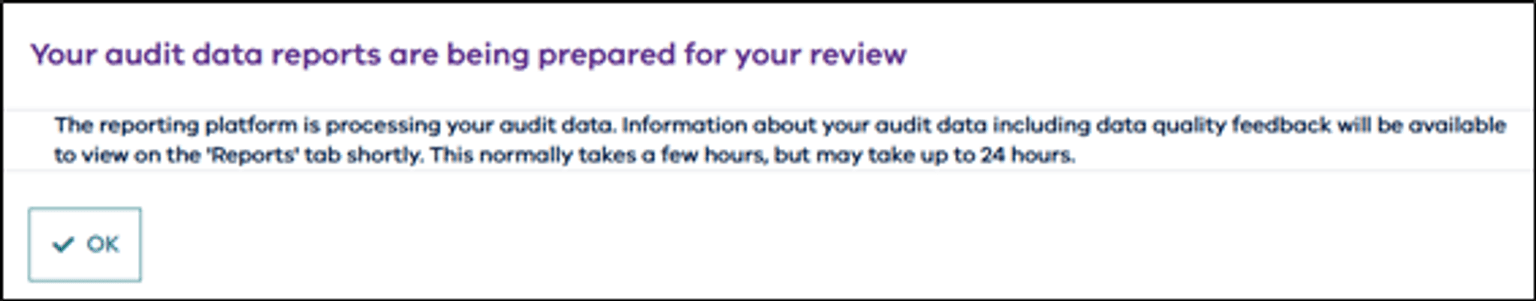 Message showing a successful upload that is now ready for data review by the organisation.