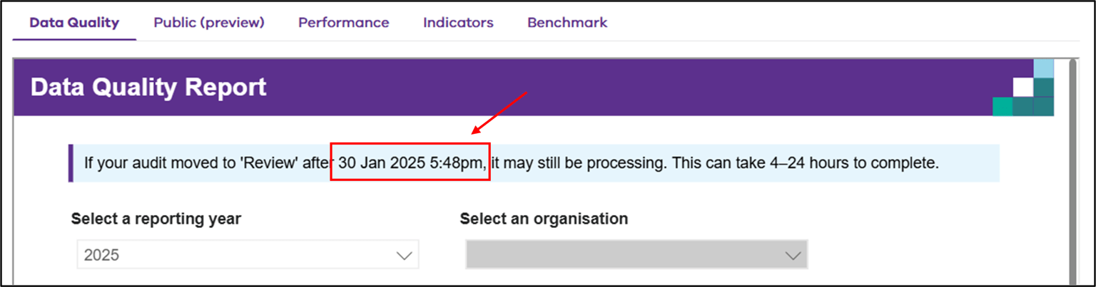 Screenshot of the review time stamp in the Data Quality report